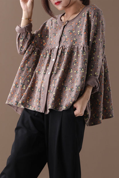 Floral Printed Spliced Loose Knit Coat