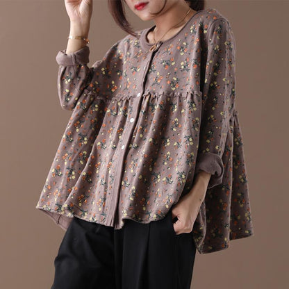 Floral Printed Spliced Loose Knit Coat