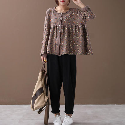 Floral Printed Spliced Loose Knit Coat