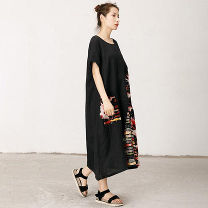 Floral Printed Spliced Loose Round Collar Dress
