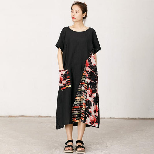 Floral Printed Spliced Loose Round Collar Dress