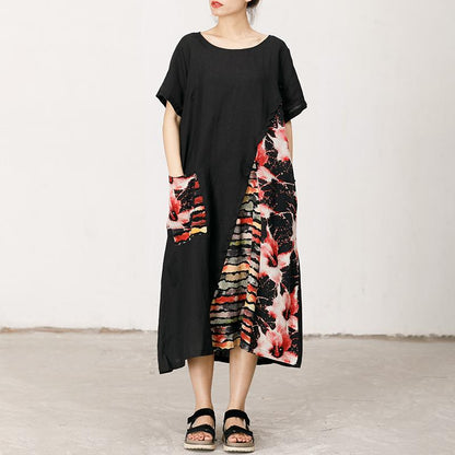 Floral Printed Spliced Loose Round Collar Dress