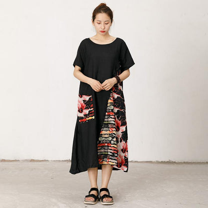 Floral Printed Spliced Loose Round Collar Dress