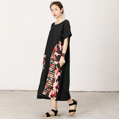 Floral Printed Spliced Loose Round Collar Dress