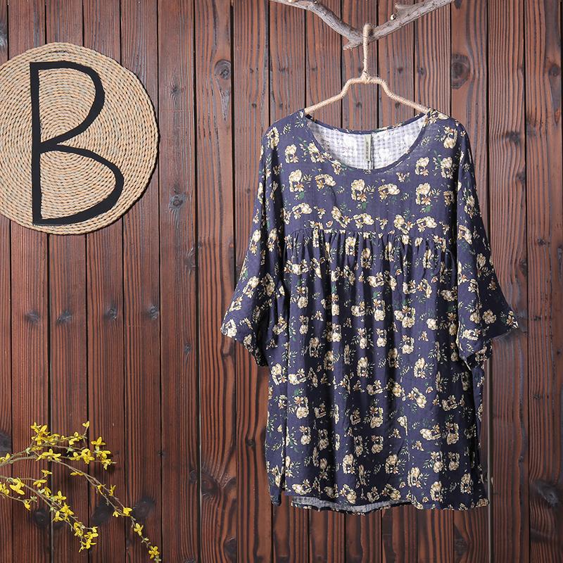 Floral Printing Casual Pleated Pullover T-Shirt