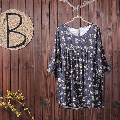 Floral Printing Casual Pleated Pullover T-Shirt