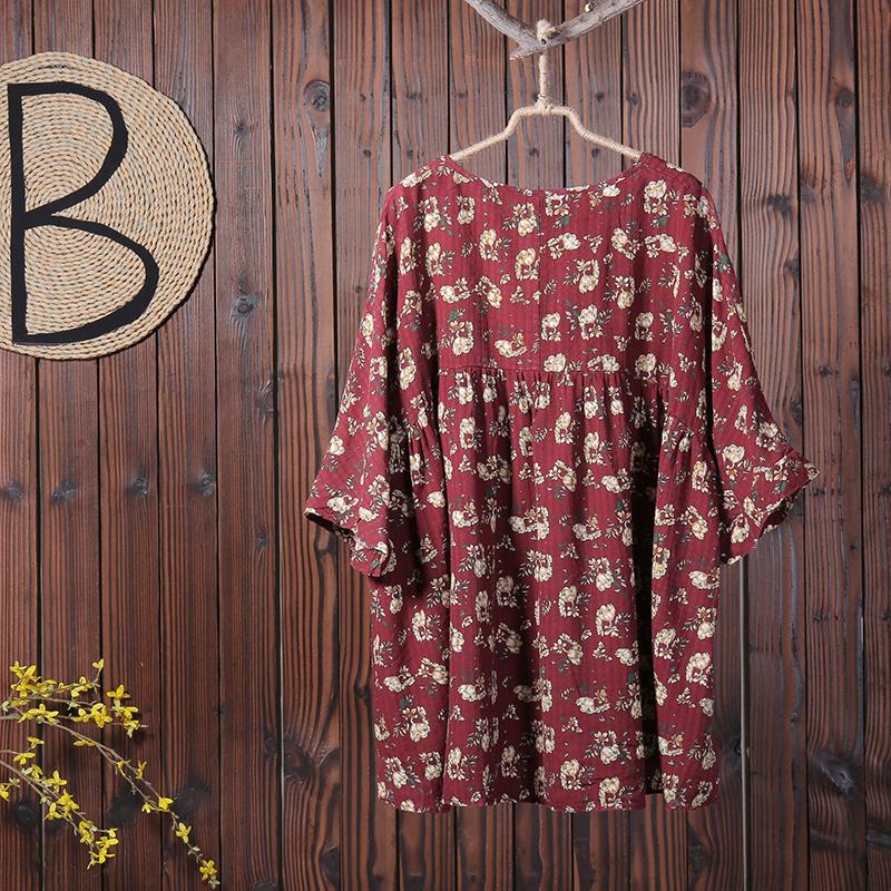 Floral Printing Casual Pleated Pullover T-Shirt