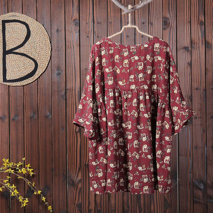 Floral Printing Casual Pleated Pullover T-Shirt