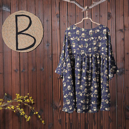 Floral Printing Casual Pleated Pullover T-Shirt