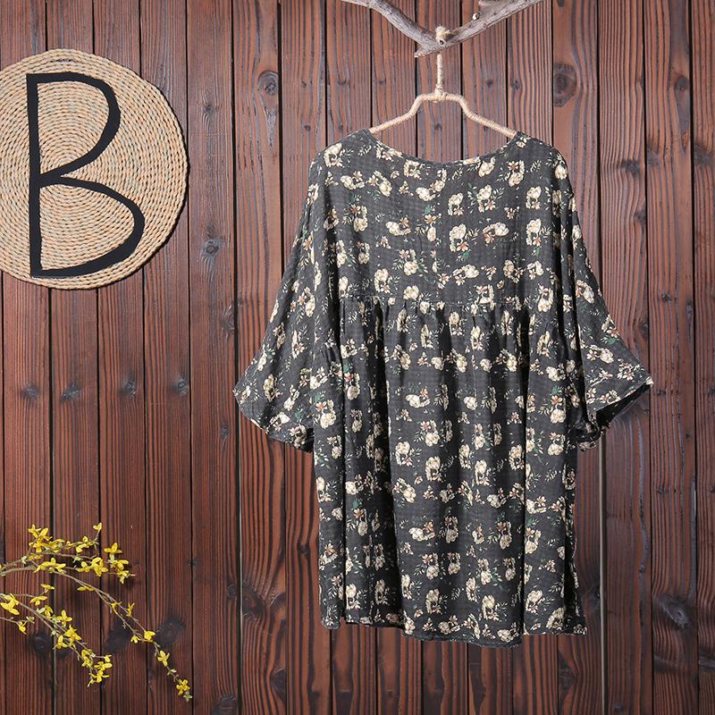 Floral Printing Casual Pleated Pullover T-Shirt