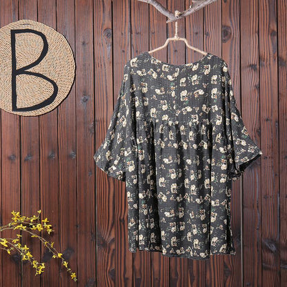 Floral Printing Casual Pleated Pullover T-Shirt