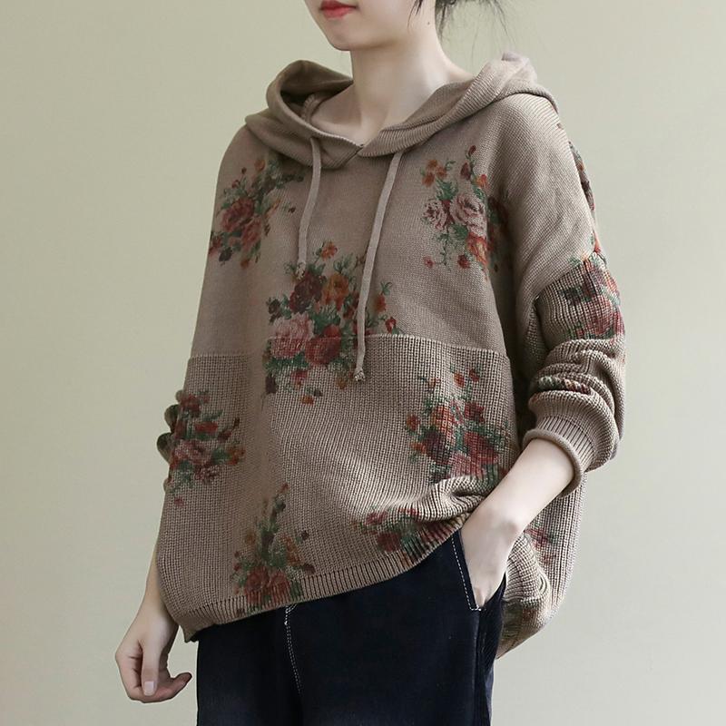 Floral Retro Casual Hooded Knit Sweater