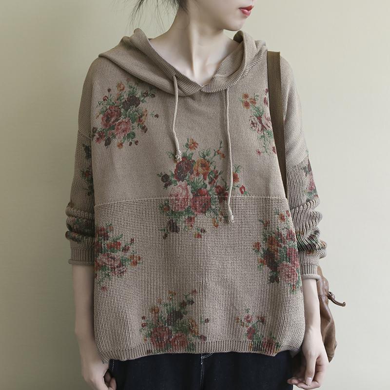 Floral Retro Casual Hooded Knit Sweater