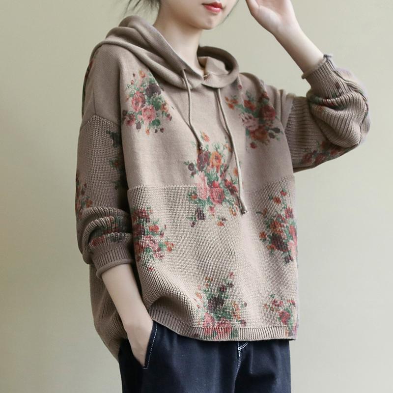Floral Retro Casual Hooded Knit Sweater