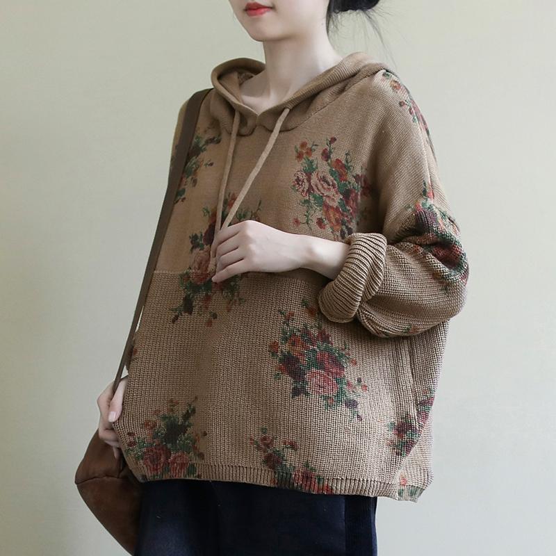 Floral Retro Casual Hooded Knit Sweater