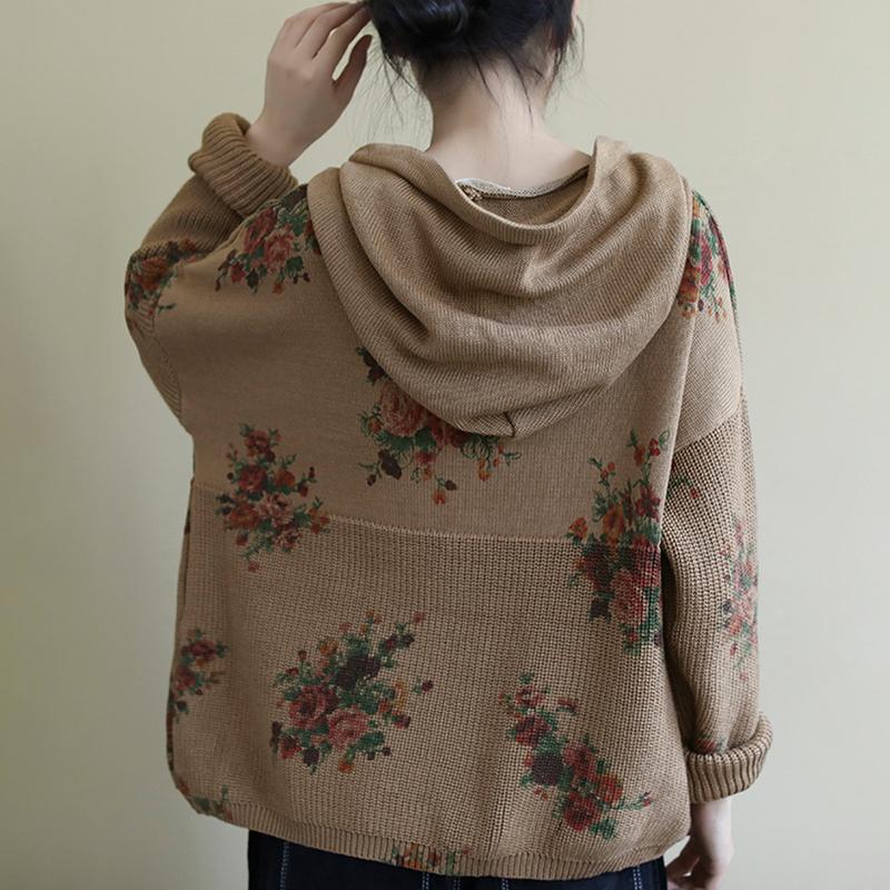 Floral Retro Casual Hooded Knit Sweater