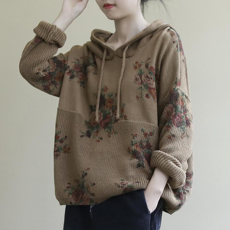 Floral Retro Casual Hooded Knit Sweater