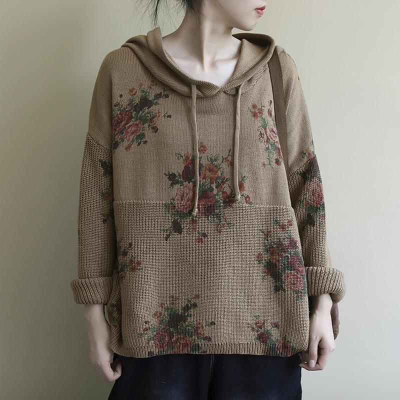 Floral Retro Casual Hooded Knit Sweater