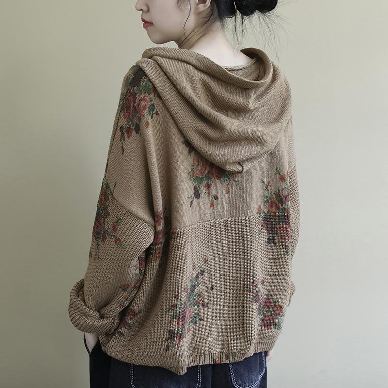Floral Retro Casual Hooded Knit Sweater