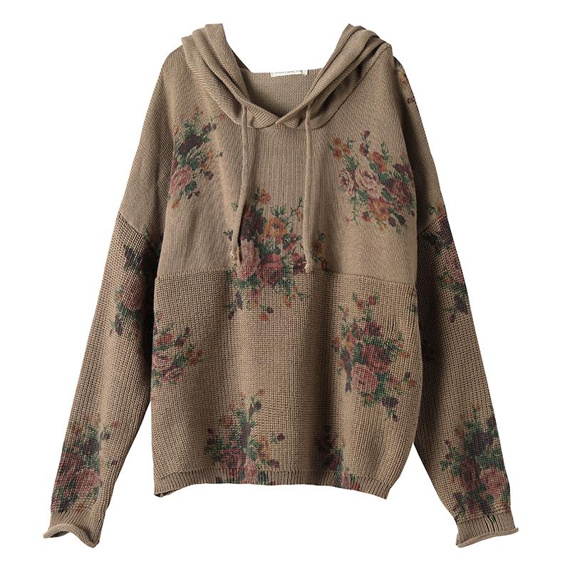 Floral Retro Casual Hooded Knit Sweater