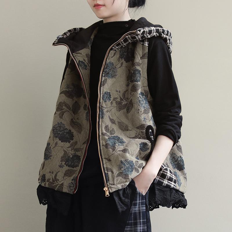 Floral Stitching Plaid Casual Hooded Waistcoat