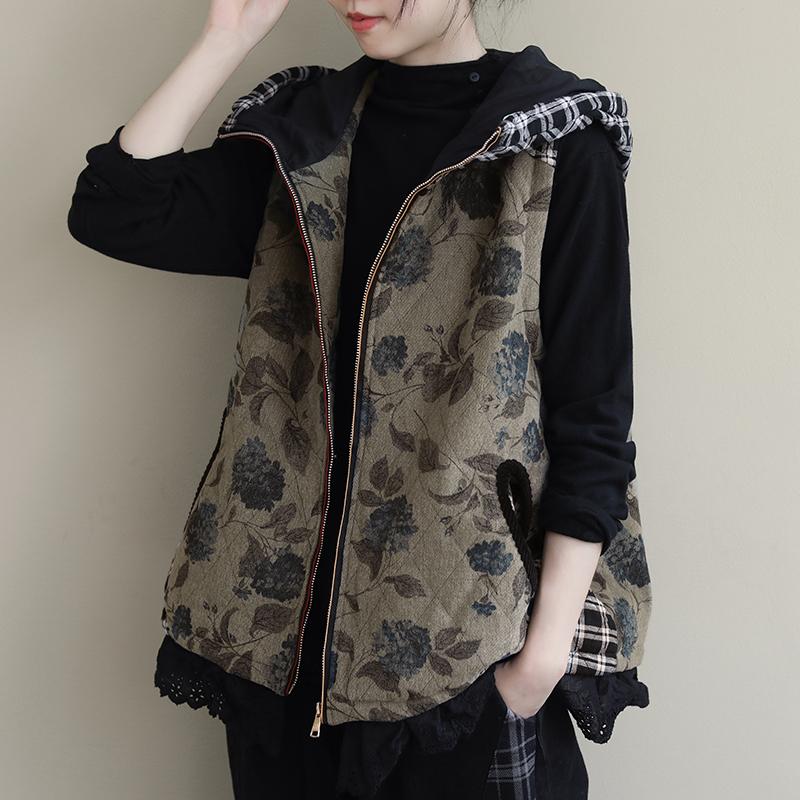 Floral Stitching Plaid Casual Hooded Waistcoat