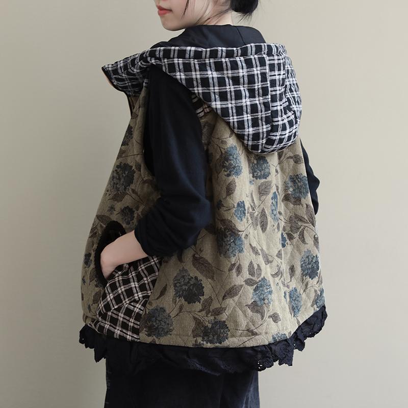 Floral Stitching Plaid Casual Hooded Waistcoat