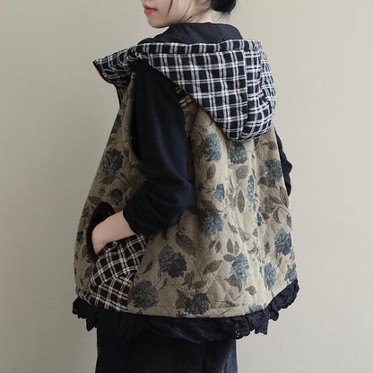 Floral Stitching Plaid Casual Hooded Waistcoat