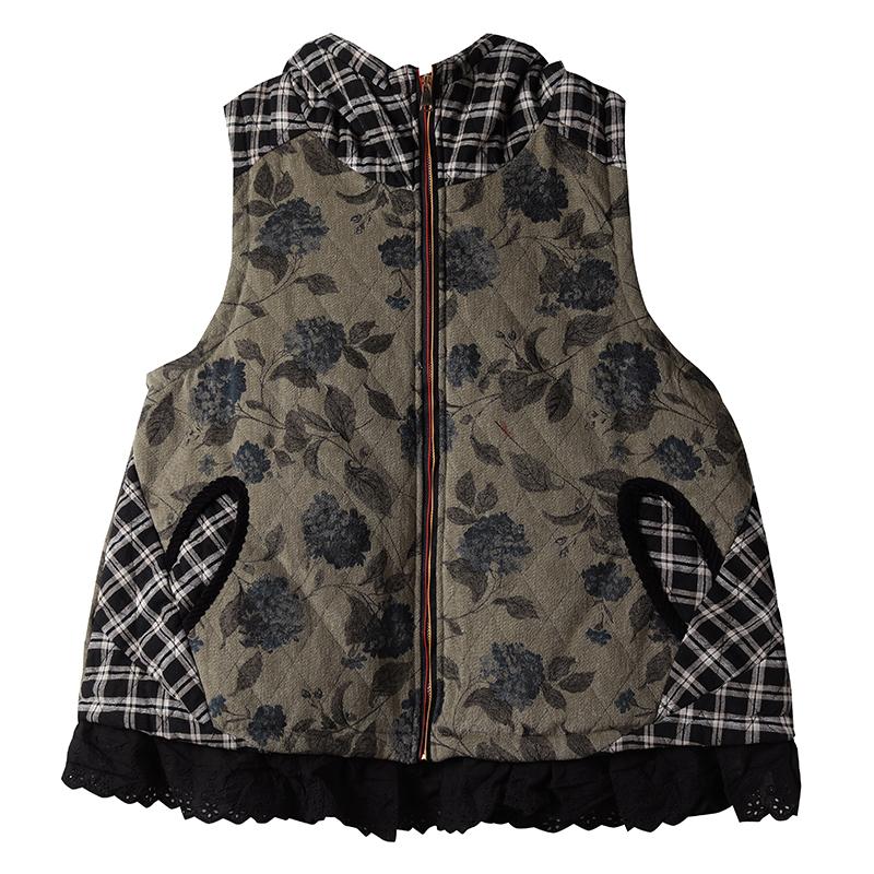 Floral Stitching Plaid Casual Hooded Waistcoat