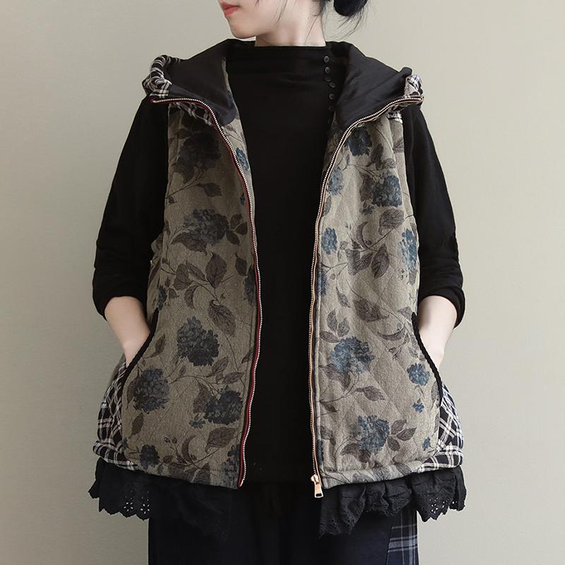 Floral Stitching Plaid Casual Hooded Waistcoat