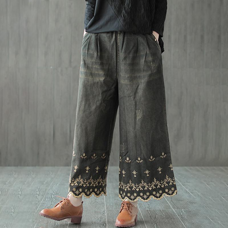 Flower Embroidery Cotton Wide Leg Pants