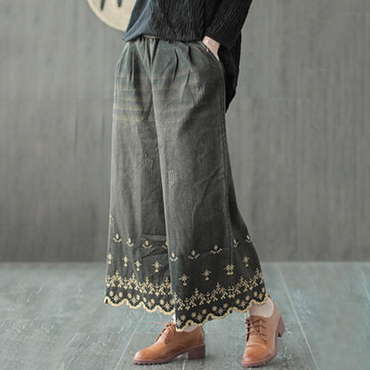 Flower Embroidery Cotton Wide Leg Pants