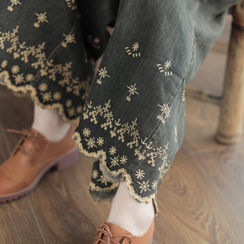Flower Embroidery Cotton Wide Leg Pants