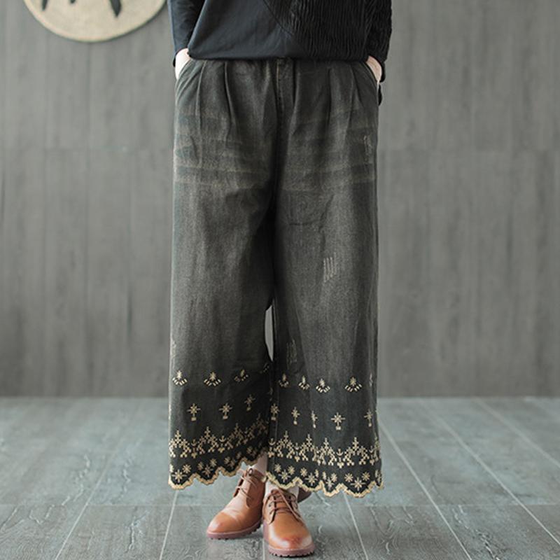 Flower Embroidery Cotton Wide Leg Pants