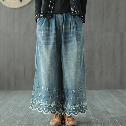 Flower Embroidery Cotton Wide Leg Pants