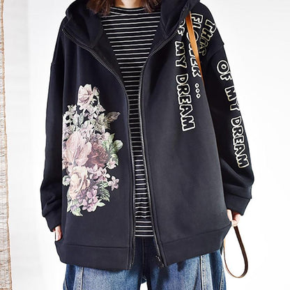 Flower Letter Printed Casual Zipper Coat