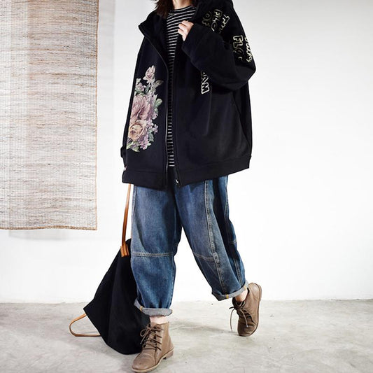 Flower Letter Printed Casual Zipper Coat