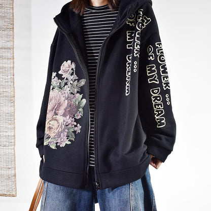Flower Letter Printed Casual Zipper Coat