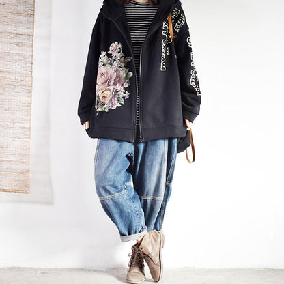 Flower Letter Printed Casual Zipper Coat