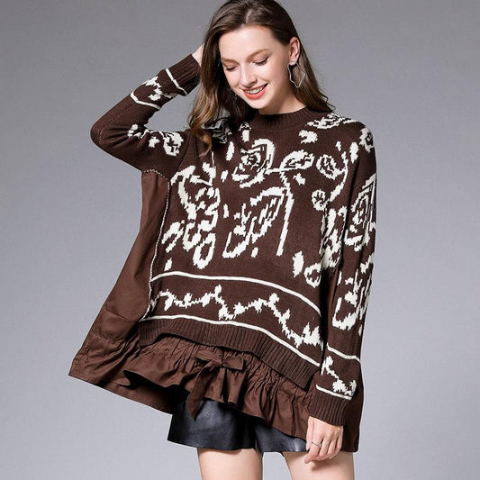Flower Pattern Knit Stitching Fake Two-piece Sweater