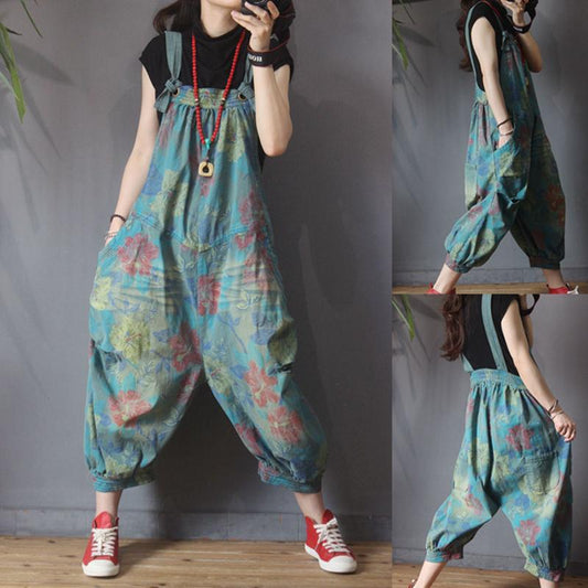 Flower Printed Hole Loose Casual Jumpsuit
