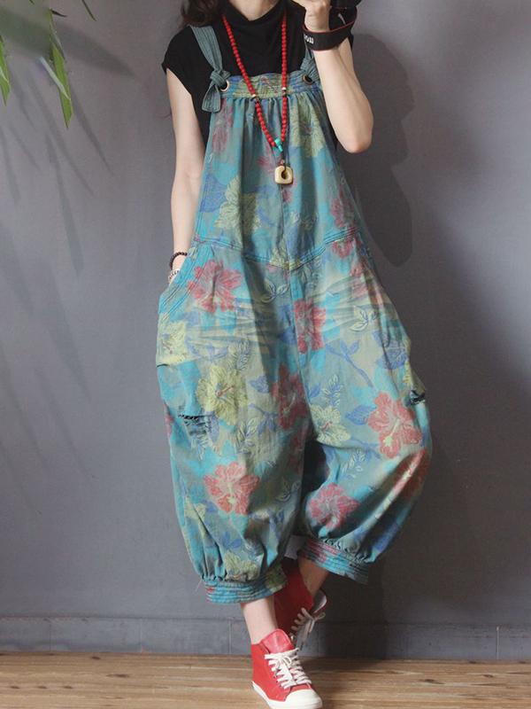Flower Printed Hole Loose Casual Jumpsuit
