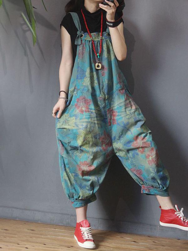 Flower Printed Hole Loose Casual Jumpsuit