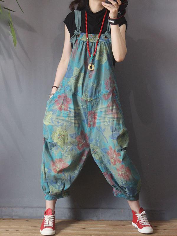 Flower Printed Hole Loose Casual Jumpsuit