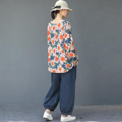 Flower V-Neck Loose Comfortable Knitted Shirt