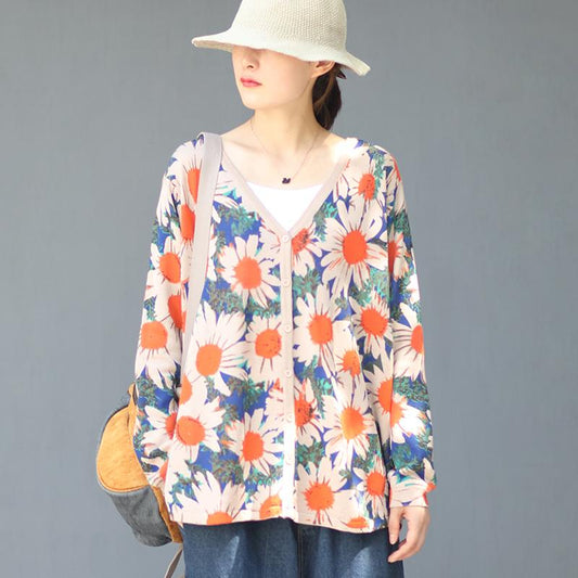 Flower V-Neck Loose Comfortable Knitted Shirt