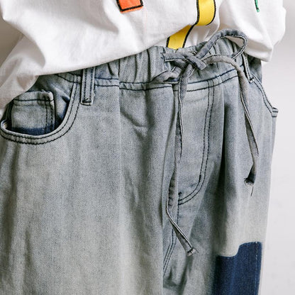 Frayed Solid Color Drawstring Casual Jeans