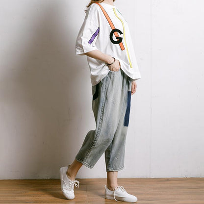 Frayed Solid Color Drawstring Casual Jeans