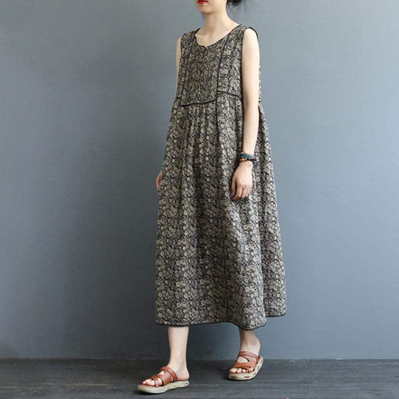 Front And Rear Folds Print Sleeveless Dress
