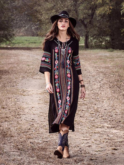 Bohemia Embroidery V-Neck Long Sleeve Side Split Maxi Beach Dress